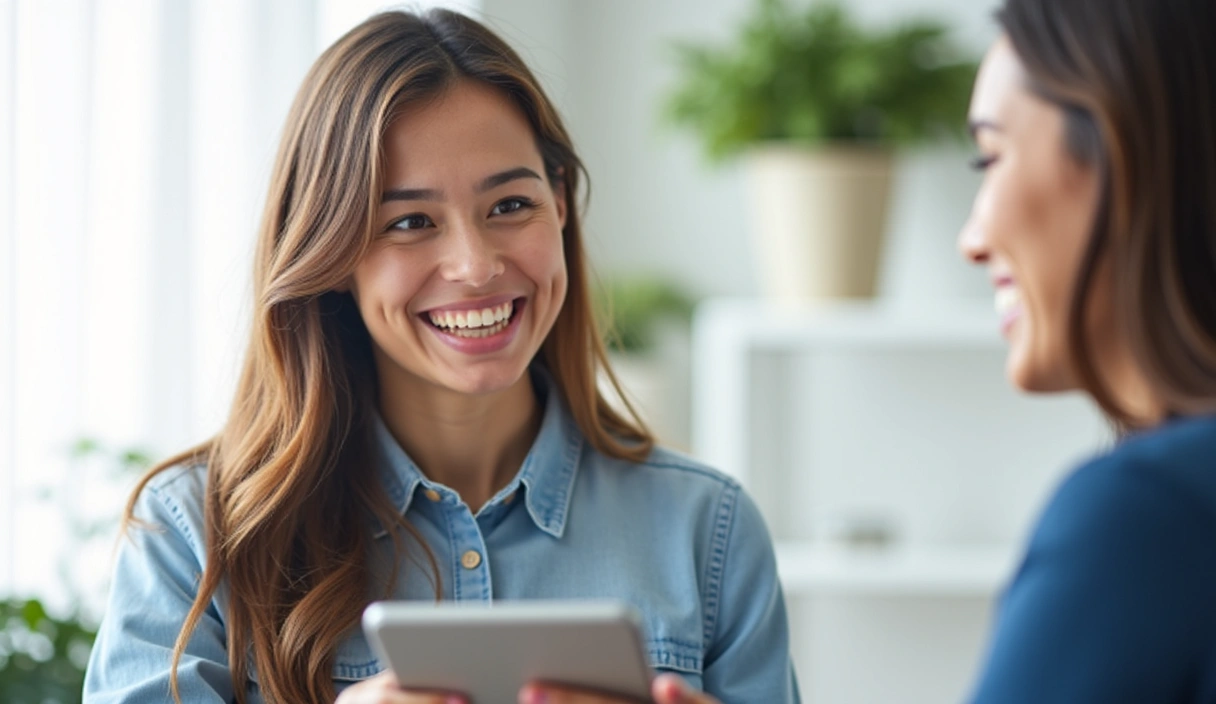 Freundliches Teammitglied, das ein Telefon hält und lächelt, bereit zur Kommunikation.