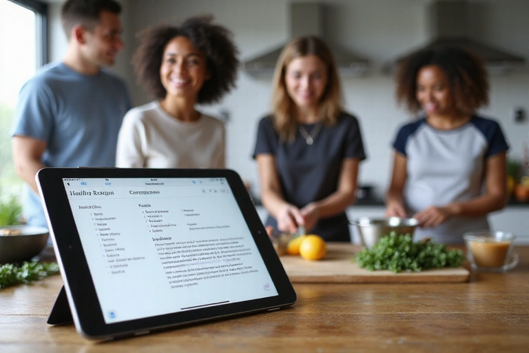 Tablet mit gesunden Rezepten und Gruppe beim Kochen