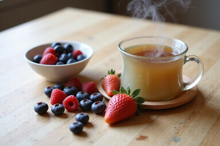 Tasse Kräutertee und frische Beeren