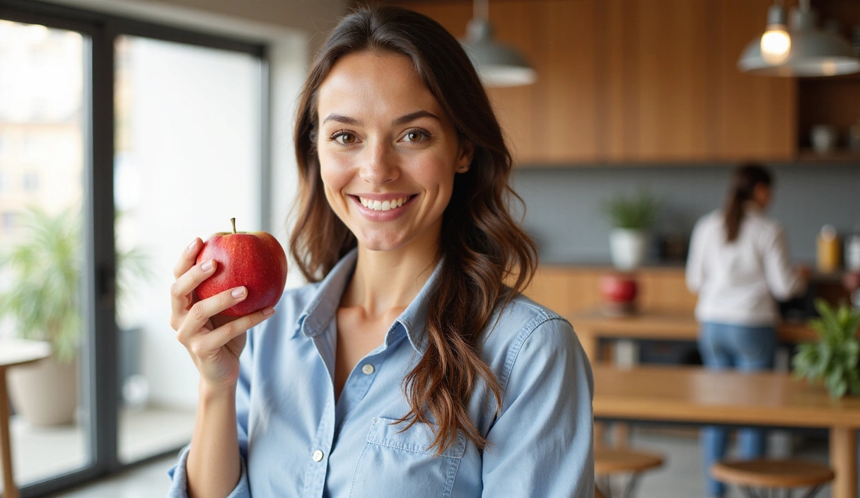 Eine freundliche Ernährungsberaterin lächelt und hält einen Apfel, der Vertrauen und Professionalität ausstrahlt, in einem hellen, modernen Ambiente.